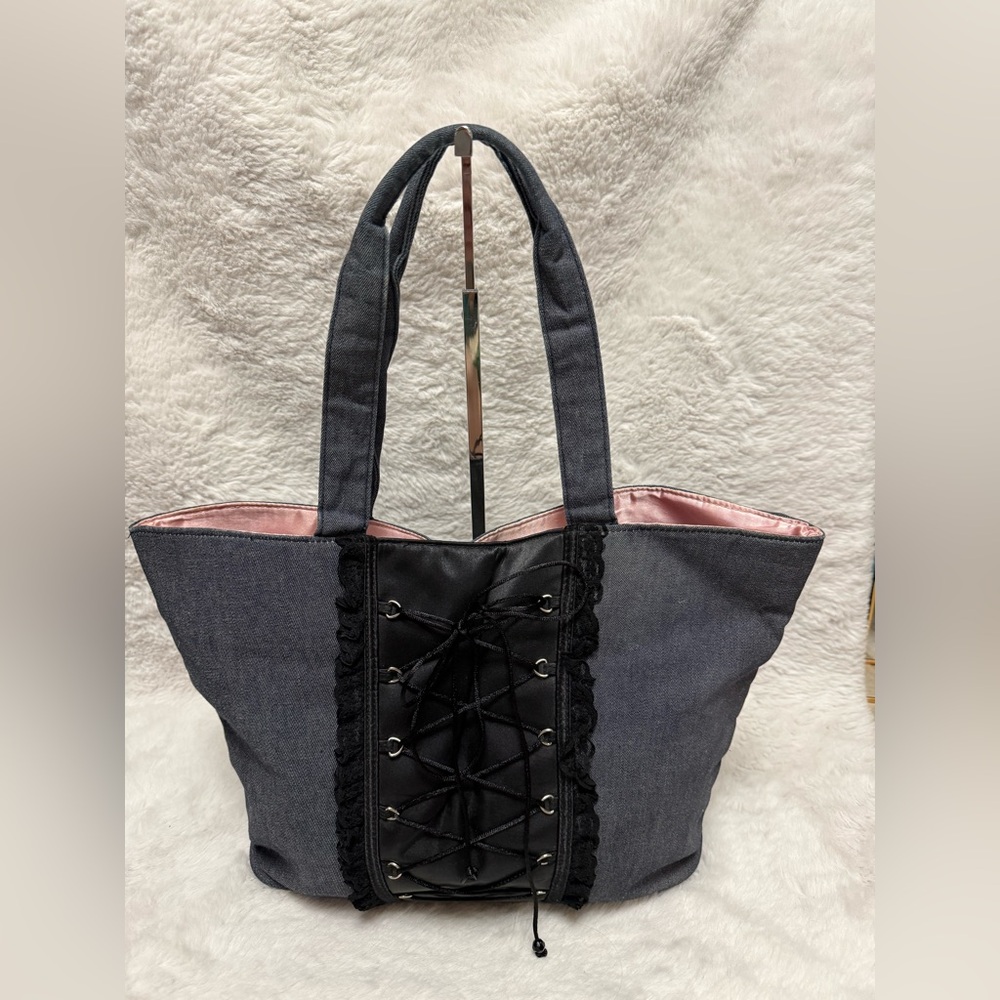 Victorias Secret Denim Tote Bag with Pink Lining and Lace-Up Detail